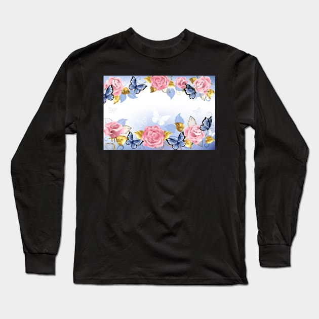 Background with Pink Roses Long Sleeve T-Shirt by Blackmoon9